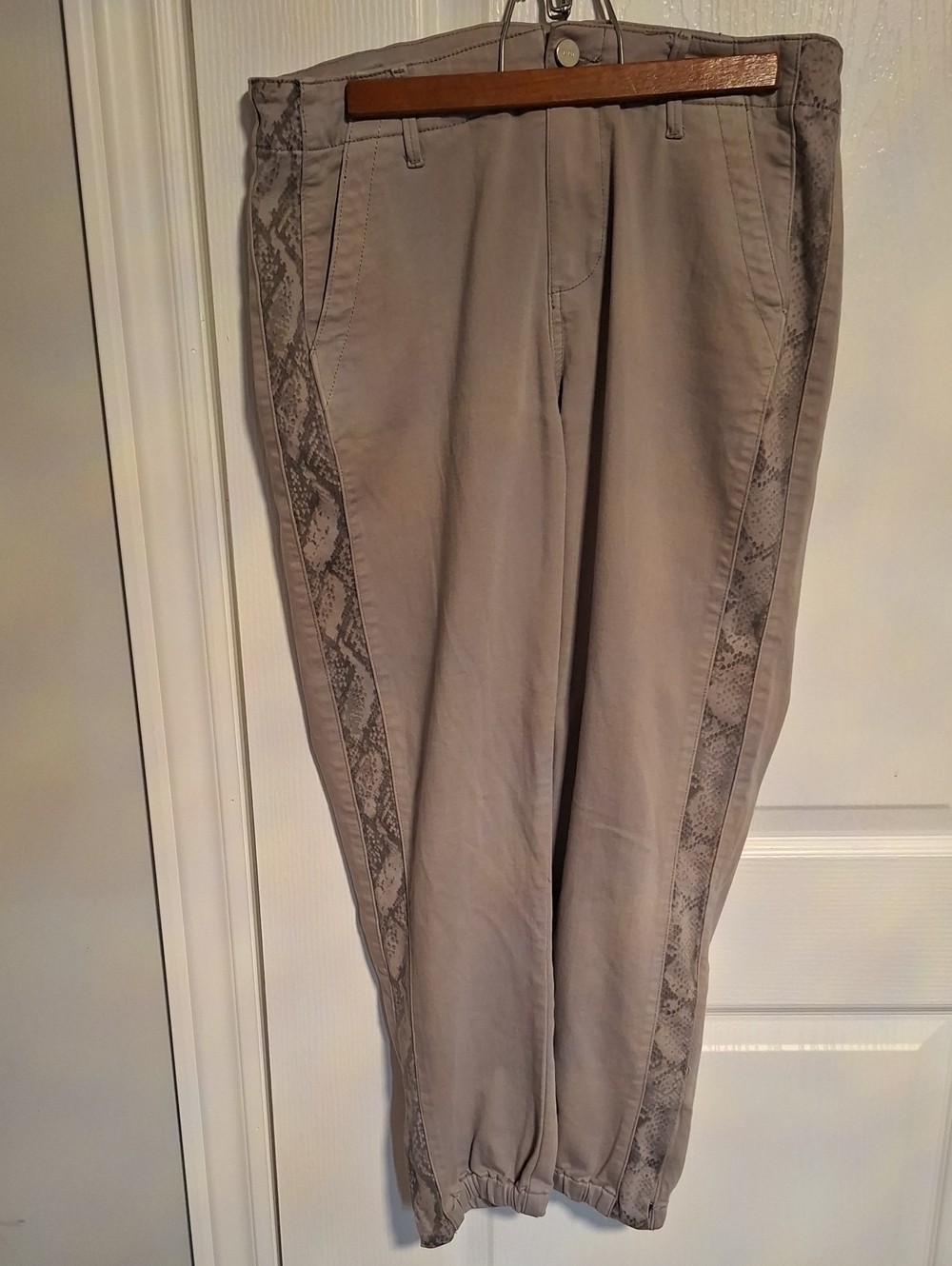 PAIGE Taupe Gray Joggers with Snake-Print Side Stripe